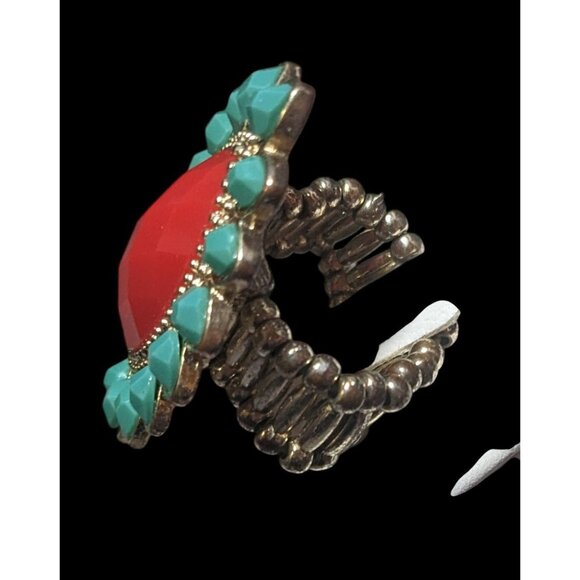 Bohemian Blue And Red Gemmed Floral Stretch Ring Size 7 - Picture 10 of 12